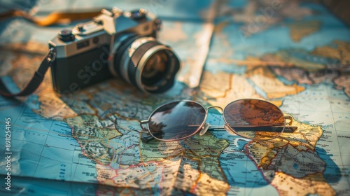 Travel Essentials Camera, Sunglasses and Map. photo