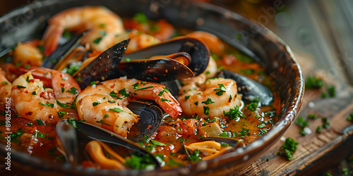 Bouillabaisse: A bowl of bouillabaisse with floating seafood like mussels, shrimp, and fish 