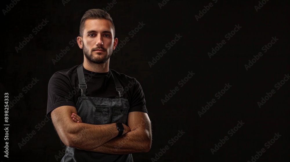 Portrait of a handsome young bearded caucasian man with blue eyes in denim apron over a black background. Portrait of a handsome young bearded caucasian man with blue eyes in denim apron over a black background.