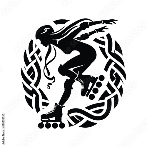 Inline Skating, roller skate   female player in celtic knot pattern illustration, emblem shield badge