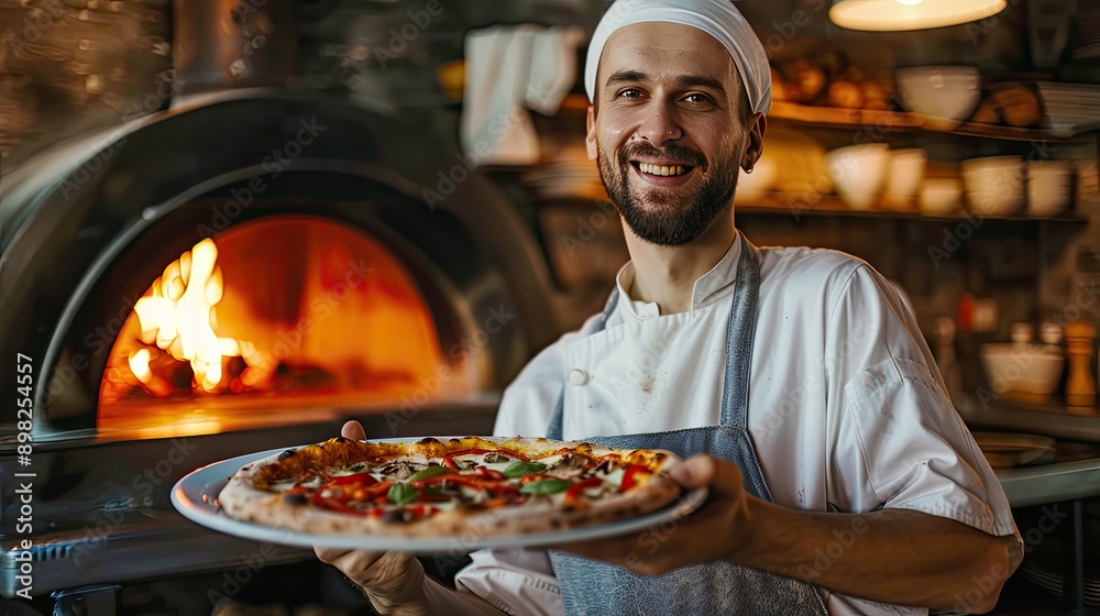 The cook holds pizza in his hands. Selective focus. The cook holds pizza in his hands. Selective focus.