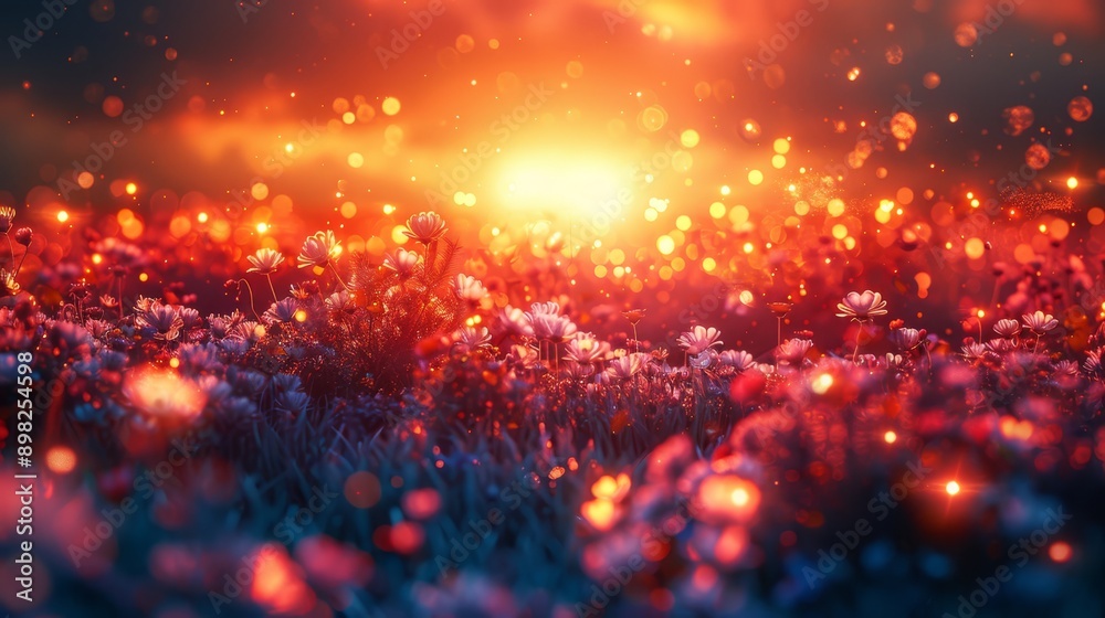 A scene of numerous violet blooms blanketing the ground beneath a yellow-red sky, sun piercing through drifting clouds A scene of numerous violet blooms blanketing the ground beneath a yellow-red sky, sun piercing through drifting clouds