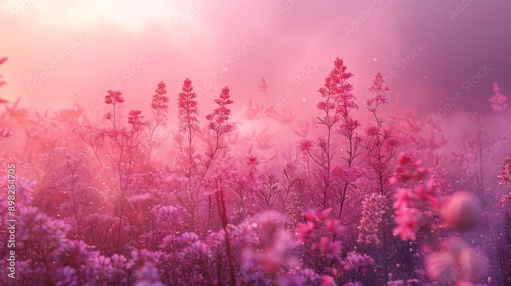A lush green field topped with a multitude of pink blooms under a sky of blue and pink A lush green field topped with a multitude of pink blooms under a sky of blue and pink