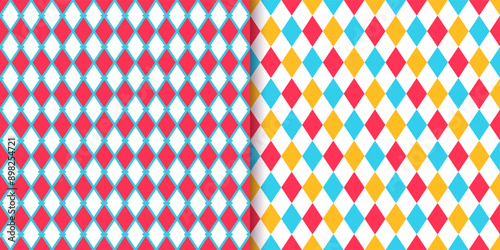 Circus seamless pattern. Checkered diamond backgrounds. Vector illustration. Harlequin lozenge textures. Set blue red yellow rhombus plaid prints. Modern argyle geometric backdrops.