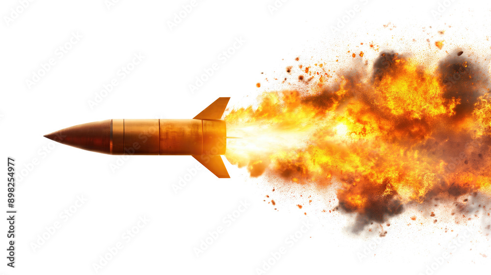 A missile rocket with fire trail isolated on transparent white background, clipping path A missile rocket with fire trail isolated on transparent white background, clipping path