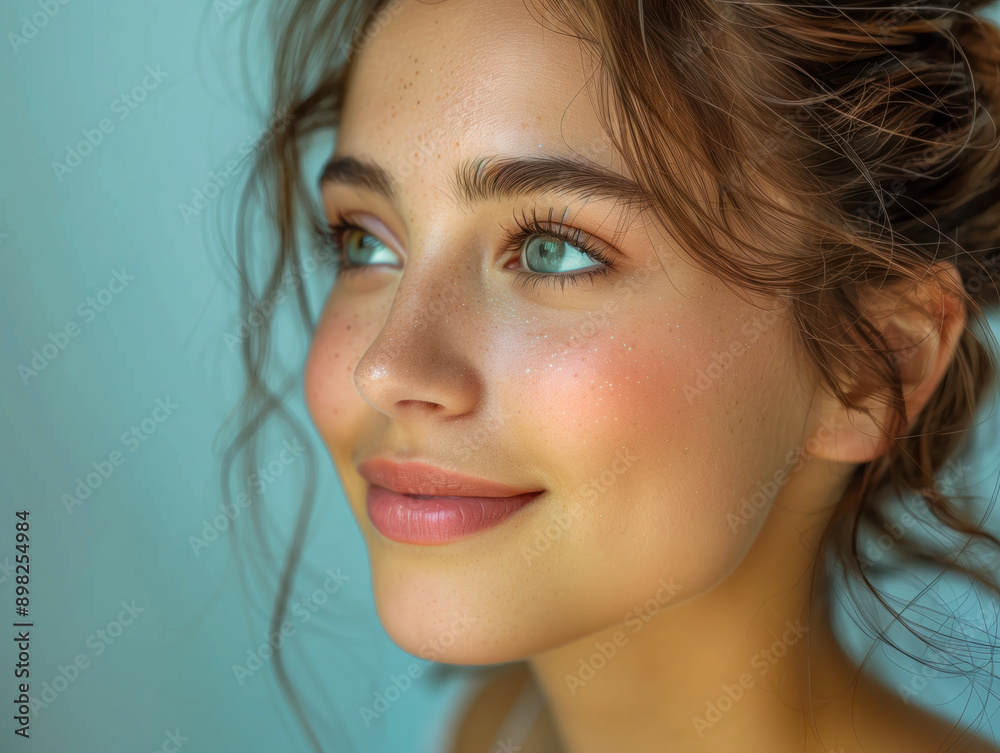 Close up side view relaxed smiling happy young nice lady woman Close up side view relaxed smiling happy young nice lady woman