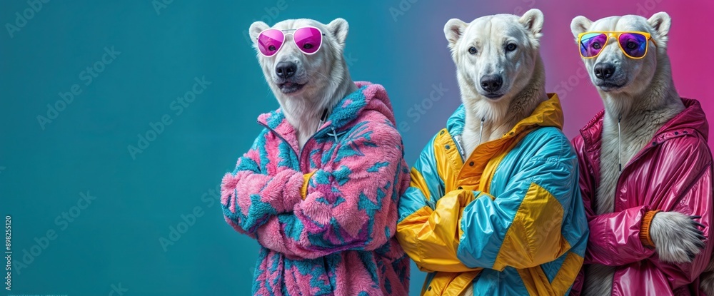 Three Polar Bears in Colorful Jackets