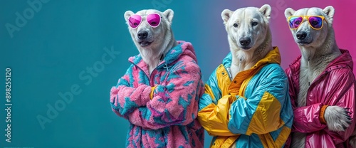 Obraz na płótnie Three Polar Bears in Colorful Jackets w salonie