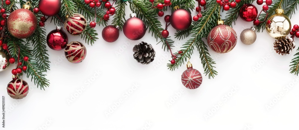 Christmas decorations form a border on a white backdrop isolated with room for text in a copy space image Christmas decorations form a border on a white backdrop isolated with room for text in a copy space image