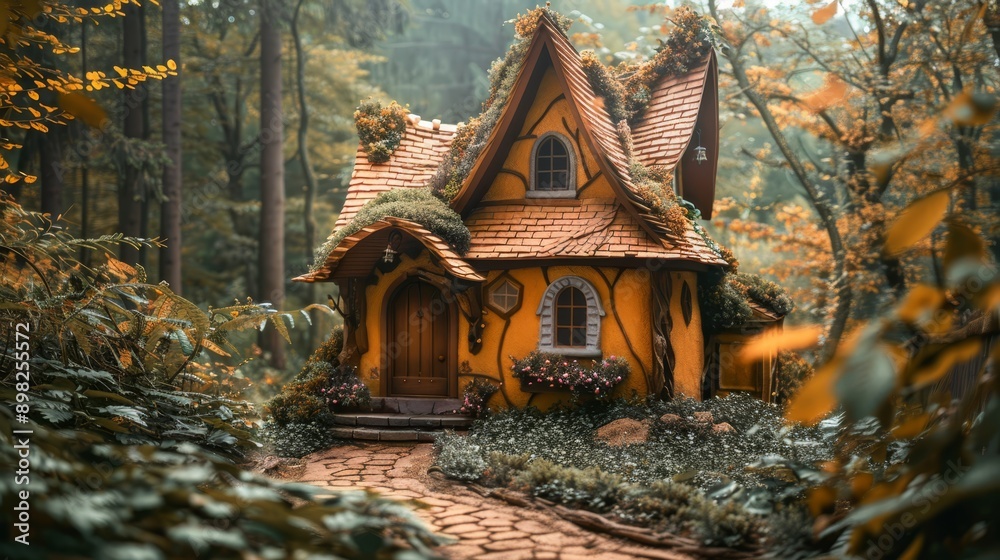 A quaint house nestled amidst a forest, surrounded by an abundance of fallen leaves, and marked by a winding path A quaint house nestled amidst a forest, surrounded by an abundance of fallen leaves, and marked by a winding path