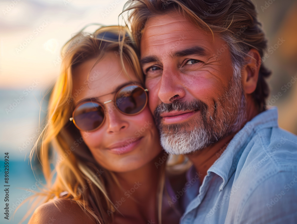 Closeup portrait of happy middle aged couple enjoying romantic moment on the beach Closeup portrait of happy middle aged couple enjoying romantic moment on the beach