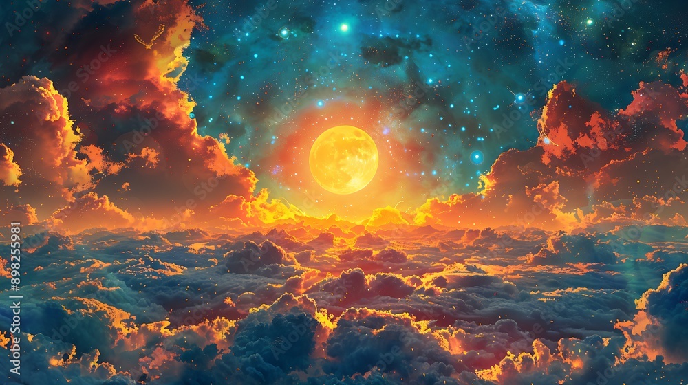 A golden moon shines above a sea of clouds, with stars and nebulae in the night sky.