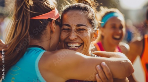 Close-Up of Runners Embracing and Celebrating After Marathon Finish Line