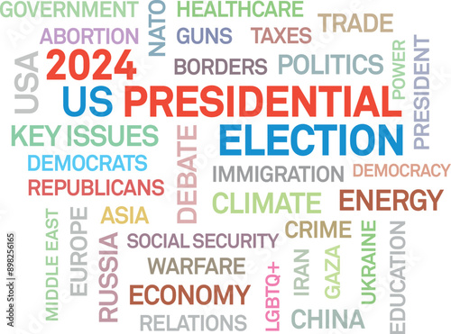 Presidential election november 2024. Word cloud showing democrats and republicans political key issues. Concept illustration isolated on white background
