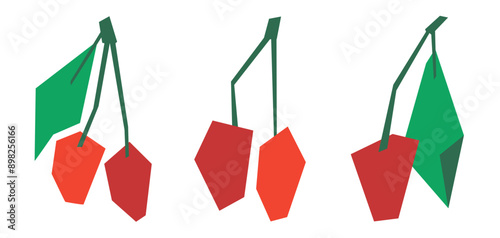 Ripe cherries with leaf. Stylization. Set of vector illustrations, isolated objects on white background