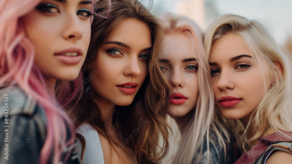 Close-up portrait of four friends with trendy hairstyles Close-up portrait of four friends with trendy hairstyles