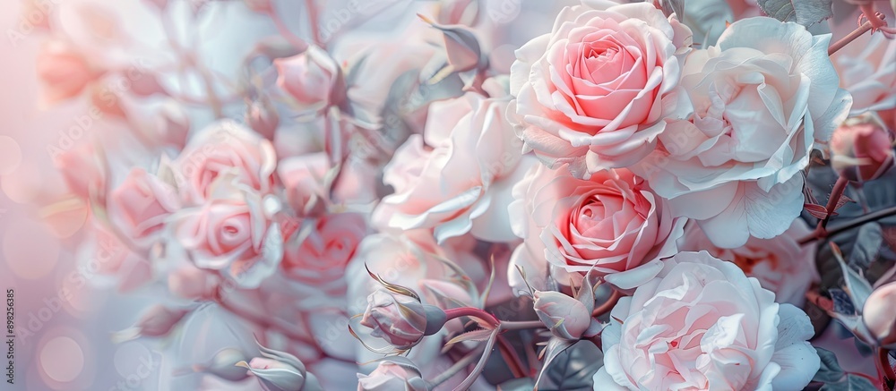Delicate roses in full bloom decorate a festive background creating a pastel and soft floral card with copy space image Delicate roses in full bloom decorate a festive background creating a pastel and soft floral card with copy space image