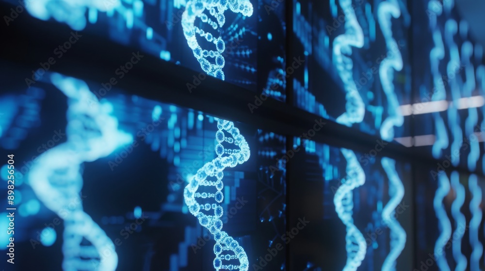 Obraz premium High-definition DNA Helices Glow Blue in Modern Biological Laboratory, Focused on Genetic Research and Discovery
