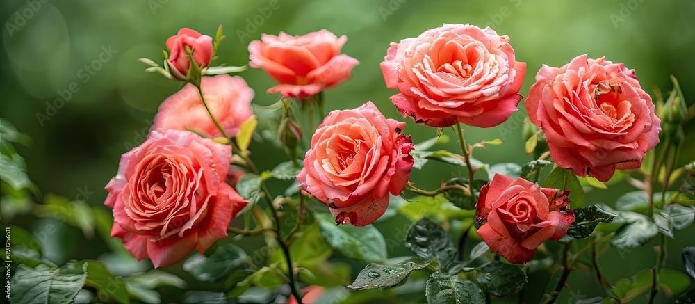 Fototapeta premium Blooming garden roses with a spotted red bud set against a green foliage background providing a visually appealing copy space image