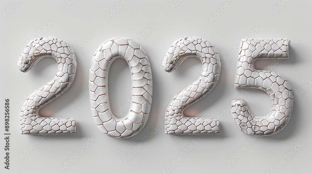Volumetric inscription 2025, white colors, snake scale texture. New Year greeting card lettering. Generative AI Volumetric inscription 2025, white colors, snake scale texture. New Year greeting card lettering. Generative AI