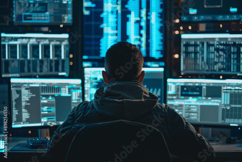 Hacker monitoring server room screens in the dark