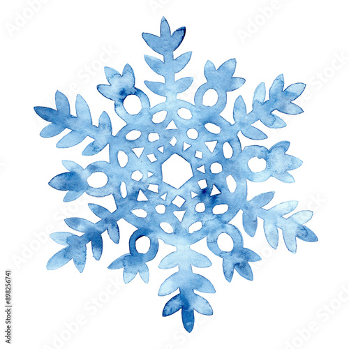 Watercolor blue snowflake isolated on white background. Cute winter ornament. Grunge paper texture. Handmade.