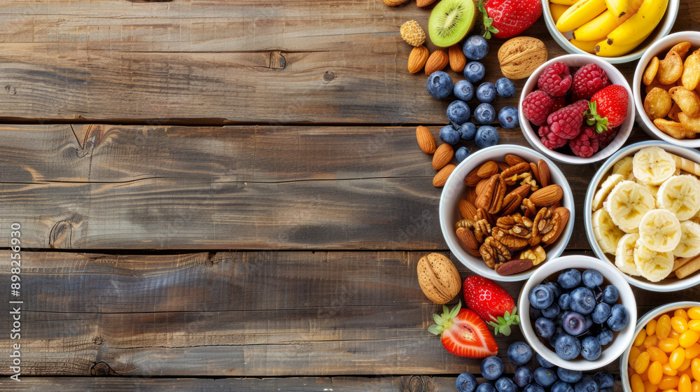 Healthy snacks arranged on a wooden table with space for text Healthy snacks arranged on a wooden table with space for text