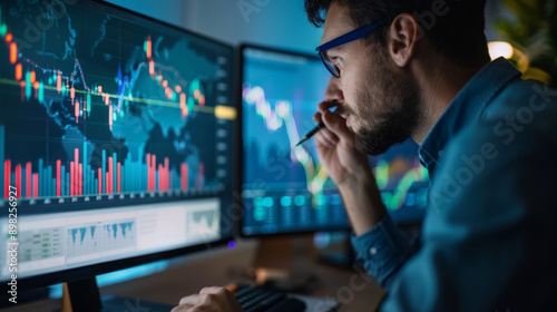Man analyzes investment portfolio on computer screens in evening