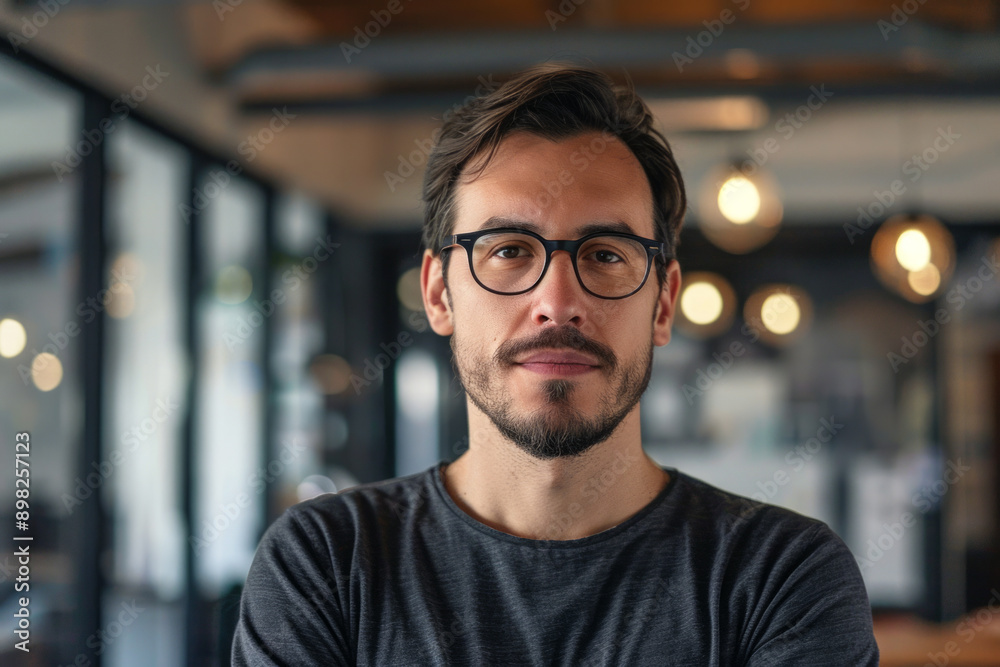 A young man in glasses stands in front of a company logo in a modern office setting A young man in glasses stands in front of a company logo in a modern office setting