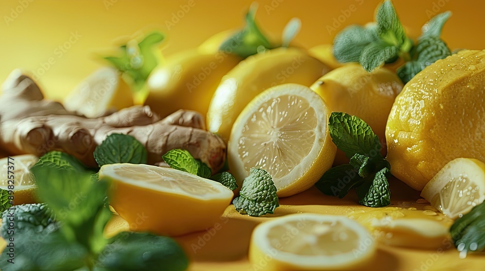 Lemons and mint on the table. Selective focus. Lemons and mint on the table. Selective focus.
