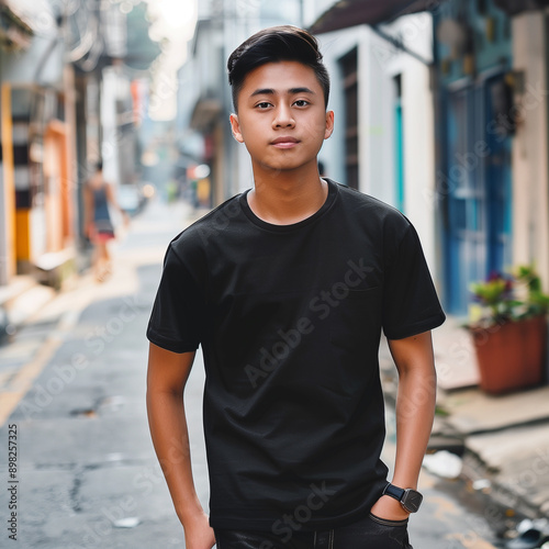 Front view young south east asian man wearing stylish black t shirt