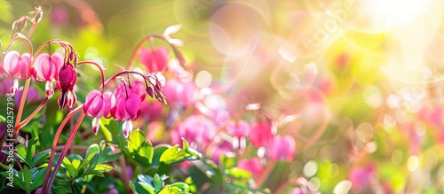 Close up of Fringed Bleeding Heart flowers Dicentra eximia in a sunny garden with selective focus and copy space image photo