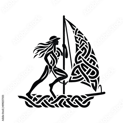 Sailing  female player in celtic knot pattern illustration, emblem shield badge