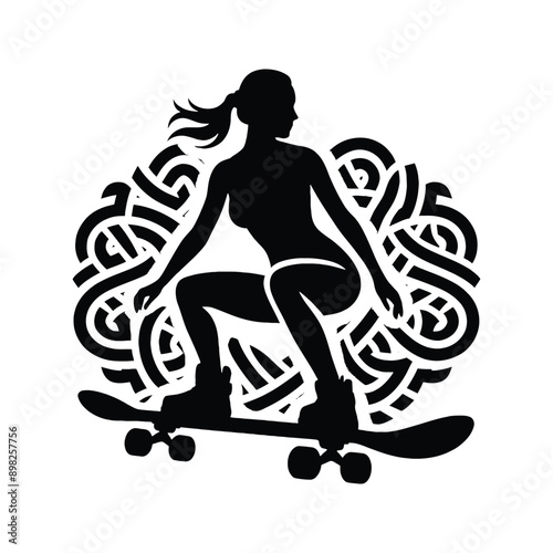 Skateboarding, longboarding  female player in celtic knot pattern illustration, emblem shield badge