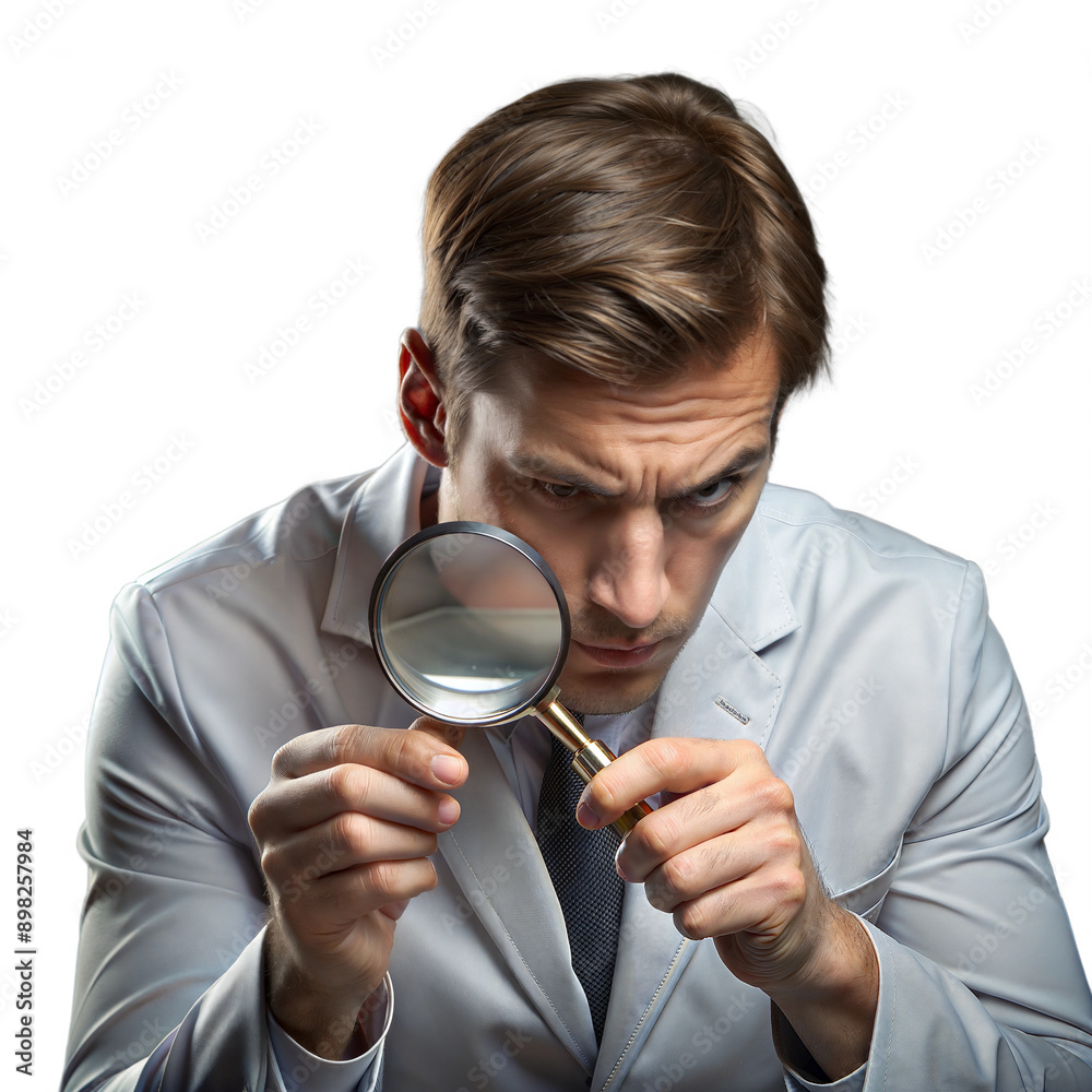 Scientist examining a sample with a magnifying glass in a lab Scientist examining a sample with a magnifying glass in a lab
