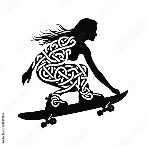 Skateboarding, longboarding  female player in celtic knot pattern illustration, emblem shield badge