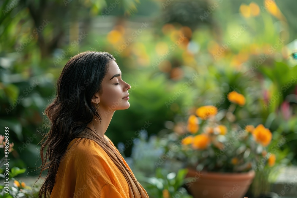 Serenity in Lucky Orange: Woman Meditating for Stress Relief in Tranquil Garden Serenity in Lucky Orange: Woman Meditating for Stress Relief in Tranquil Garden