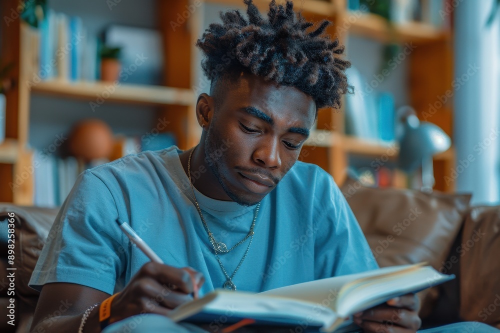 Reflective Young Man Journaling in Ultramarine - Mental Health Awareness and Self Reflection Concept Reflective Young Man Journaling in Ultramarine - Mental Health Awareness and Self Reflection Concept