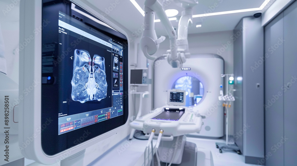 A high-tech medical imaging room with an MRI machine and computer screens, representing advanced healthcare technology.