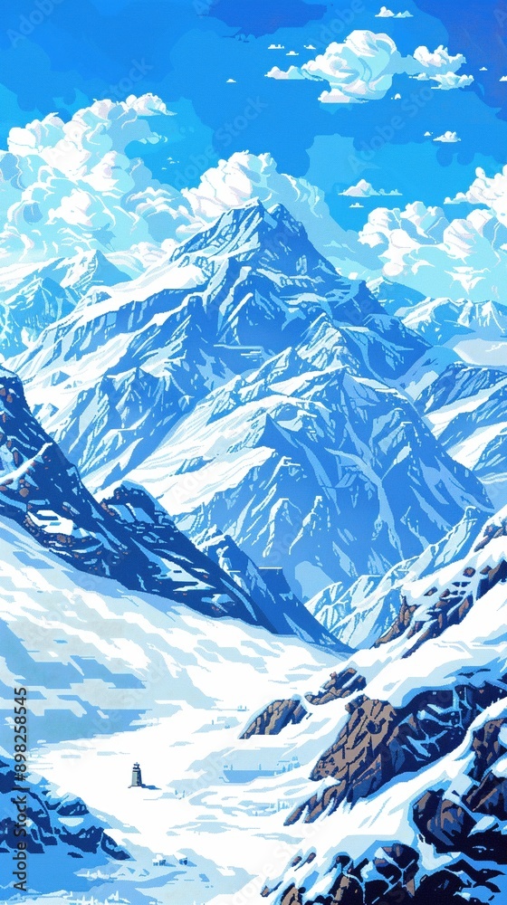 Obraz premium Pixel art snowy mountains, icy peaks, clear sky, pristine view