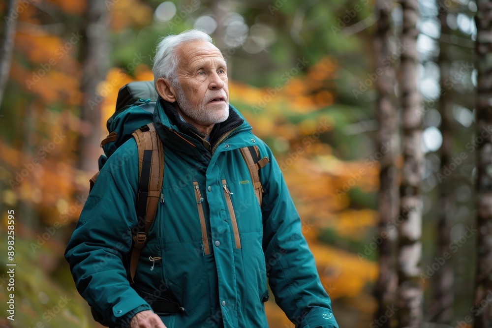 Serene Senior Man Walking in Forest for Mental Health, Wearing Matte Teal Clothing Serene Senior Man Walking in Forest for Mental Health, Wearing Matte Teal Clothing
