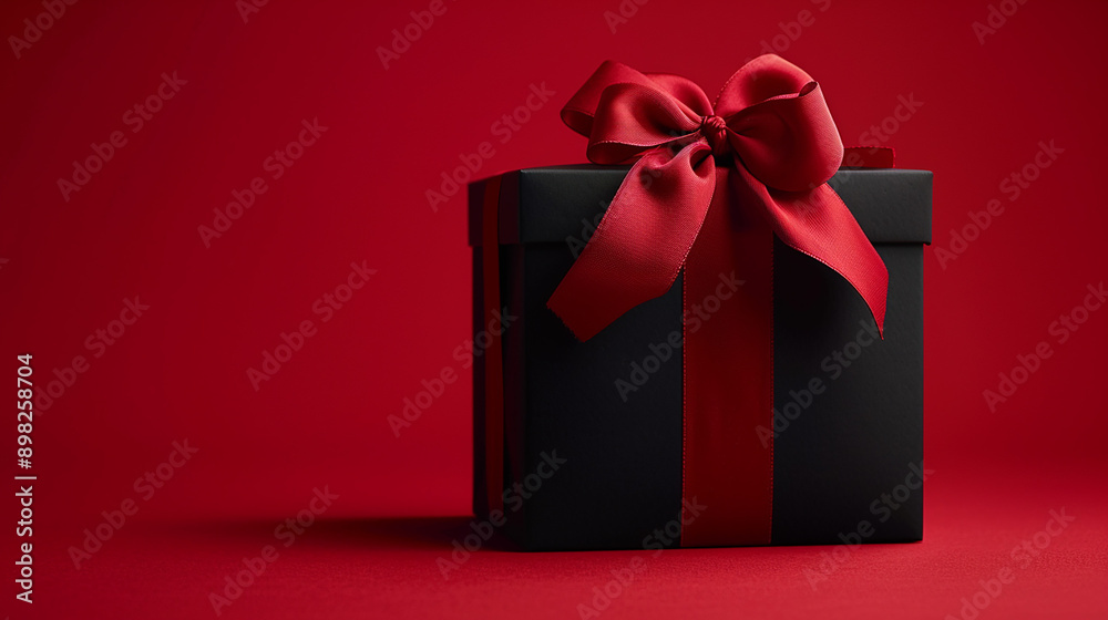 A black gift box with a red ribbon on a red background, representing celebration and gift-giving, with ample copy space. A black gift box with a red ribbon on a red background, representing celebration and gift-giving, with ample copy space.
