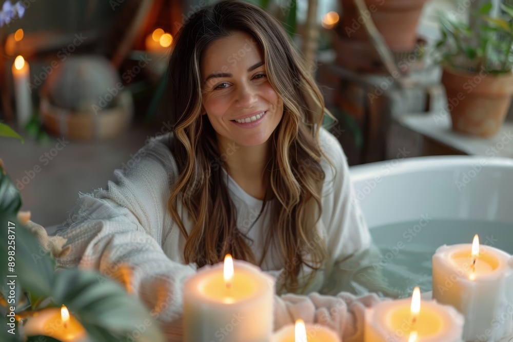 Serene Woman Relaxing in Hot Bath with Candles, Stress Relief Ritual in Slate Gray Attire Serene Woman Relaxing in Hot Bath with Candles, Stress Relief Ritual in Slate Gray Attire