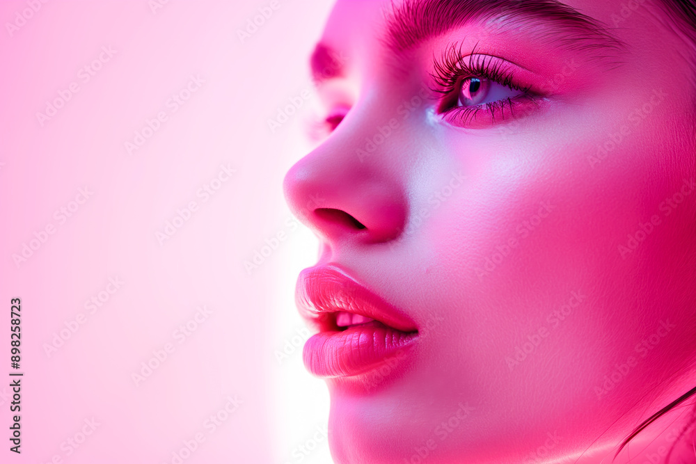 Close up portrait of stunning pretty woman with chiseled features, pink make up on pink background illuminated Close up portrait of stunning pretty woman with chiseled features, pink make up on pink background illuminated