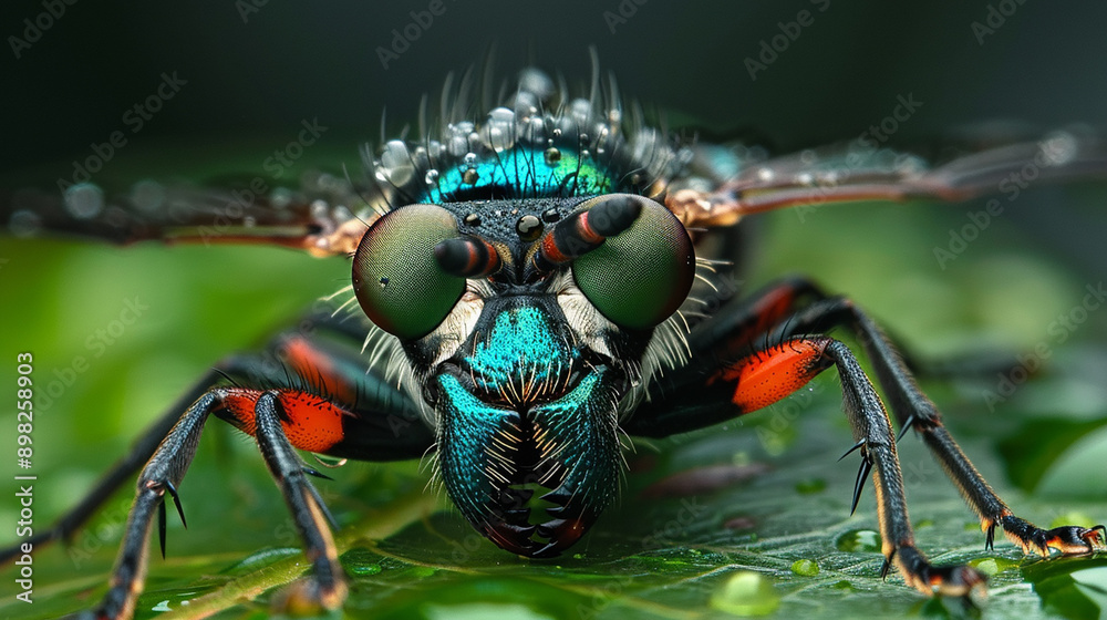 Fototapeta premium A close-up of a colorful, exotic insect on a leaf, showcasing the beauty and detail of nature's smaller creatures.