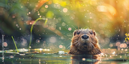 muskrat in the river in nature. Selective focus. photo