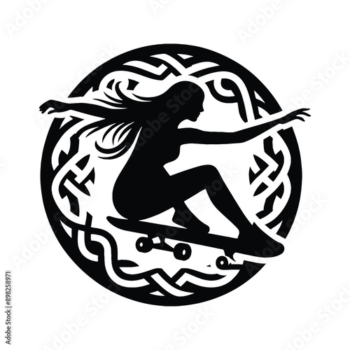Skateboarding, longboarding  female player in celtic knot pattern illustration, emblem shield badge