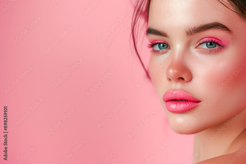 Close up portrait of stunning pretty woman with chiseled features, pink make up on pink background illuminated Close up portrait of stunning pretty woman with chiseled features, pink make up on pink background illuminated