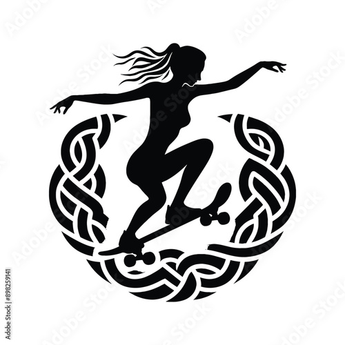 Skateboarding, longboarding  female player in celtic knot pattern illustration, emblem shield badge