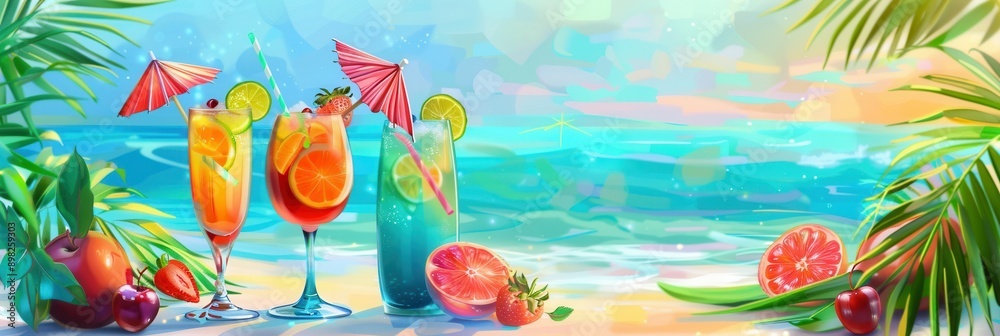 Three colorful cocktails garnished with fruit and umbrellas sit on a sandy beach with the ocean and palm trees in the background. Generative AI Three colorful cocktails garnished with fruit and umbrellas sit on a sandy beach with the ocean and palm trees in the background. Generative AI